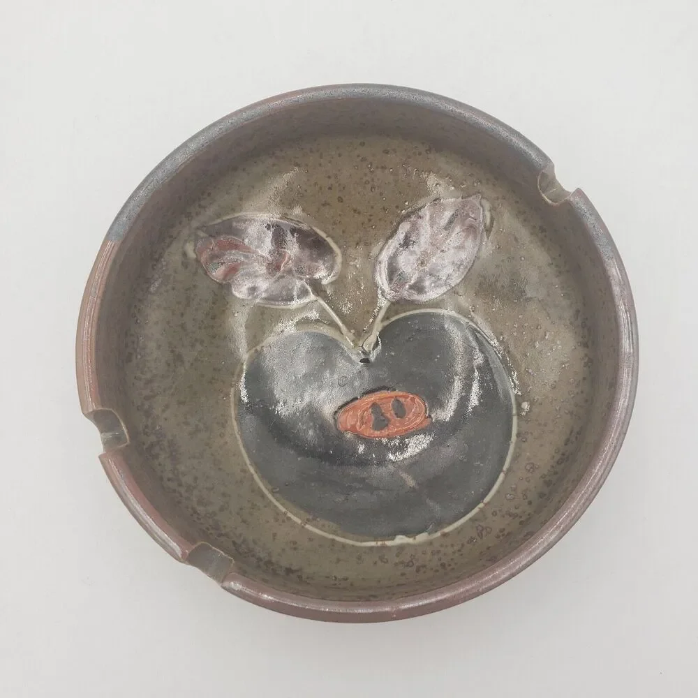 Vintage Stoneware‎ Ashtray With Stylized Apple Motif Earth Tones 5